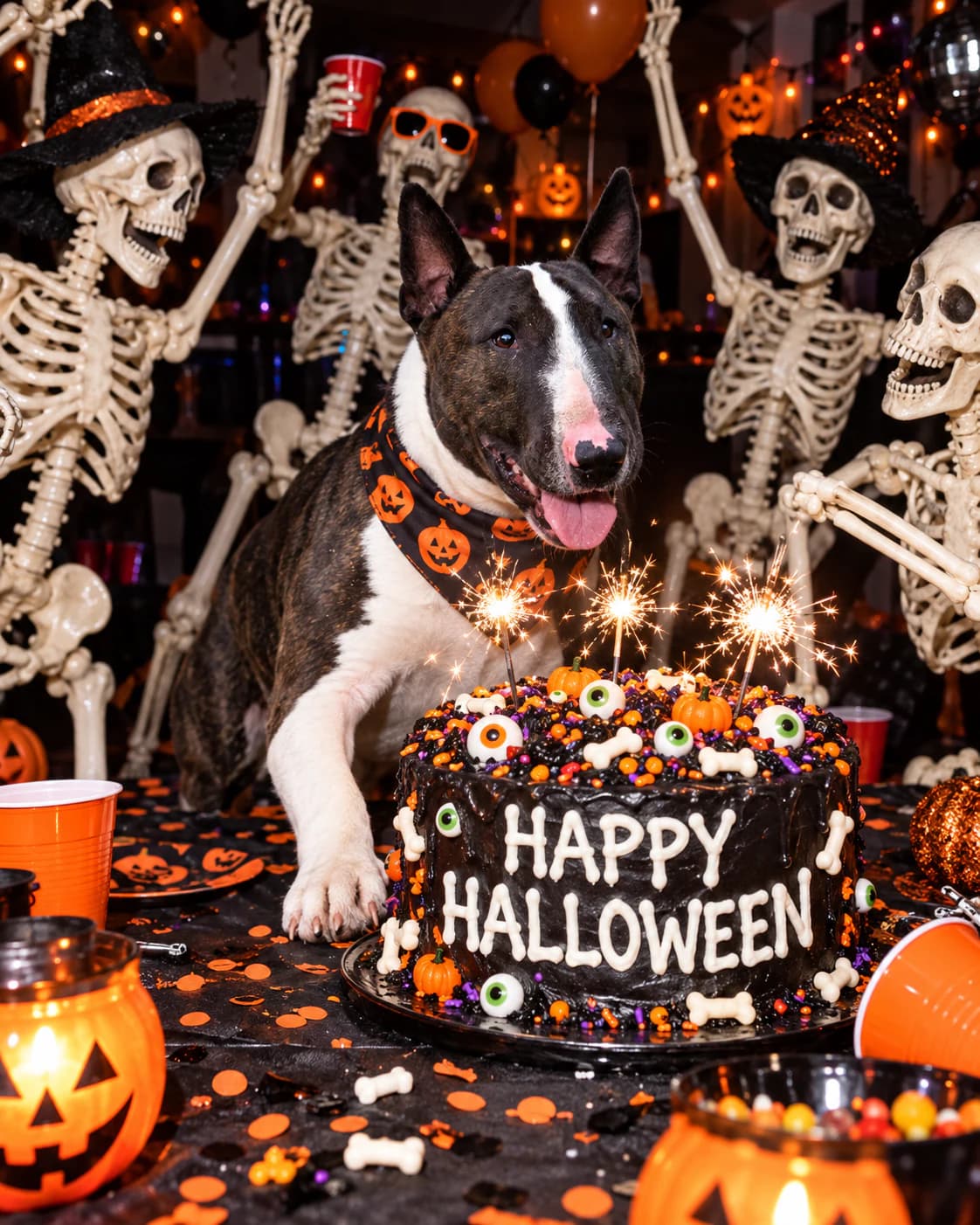 The same dog celebrating with skeletons and a Halloween cake
